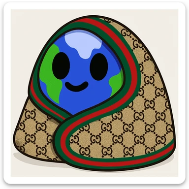 Change the blanket the earth character is wearing to a Gucci blanket, featuring the classic Gucci pattern and colors, while keeping the rest of the image the same. Maintain the original style and details of the image. sticker