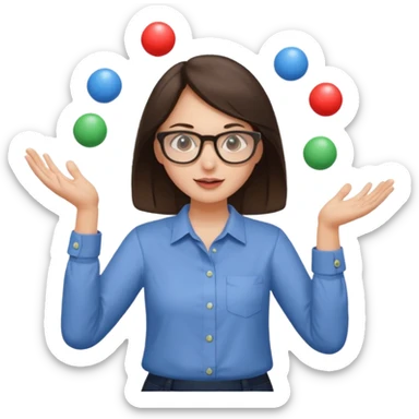 a brunette girl in a shirt and glasses  juggling  with two hands  sticker