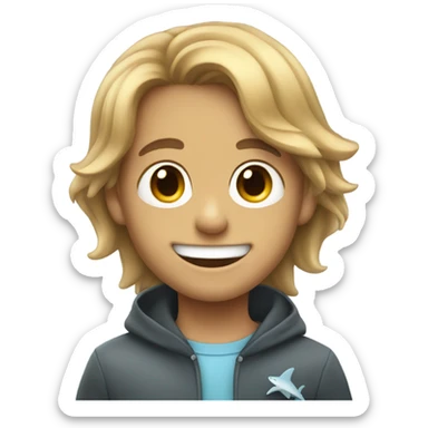 smiling boy with long hair dressed as a shark sticker