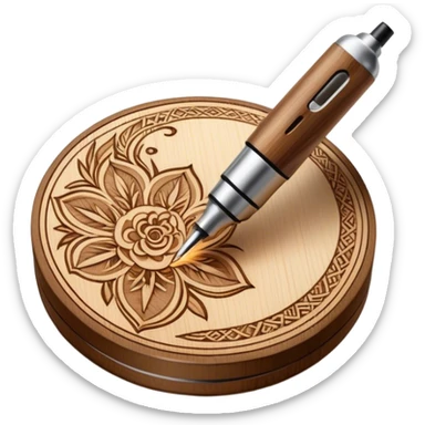 Pyrography icon, wooden surface with detailed burn marks, intricate patterns etched into wood using a soldering iron, no flames or smoke, minimalistic style, clean lines, transparent background. sticker