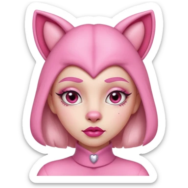 A woman dressed as a pink panther with soft pink skin, big expressive eyes, and glossy lips has a calm, pouty look. Pink animal ears and subtle heart details give her a sweet, playful vibe sticker