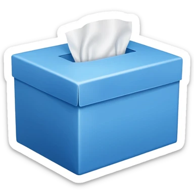 blue box with tissue emoji." It’s a simple design featuring a blue rectangular box with a single white tissue protruding from the top, often used to represent tissues, colds, or emotional moments like crying. sticker