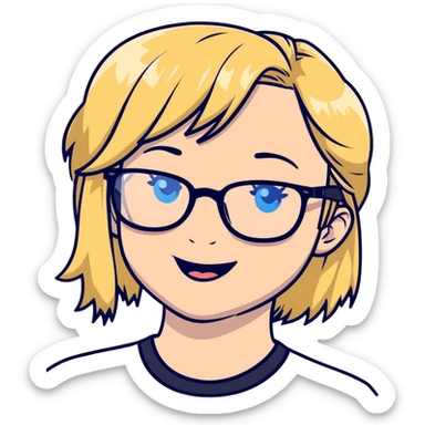 blonde girl with blue eyes, black glasses, giggling  sticker