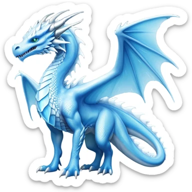 Cinematic Noble elegant Ice Dragon full body Emoji, Poised and imposing, distinct long elegant snout, with a slender, scaled body shimmering in glacial hues of icy blue, frostbitten silver, and crystalline white, breathing out frost, with piercing, glowing eyes that radiate the chilling depths of an arctic storm; rendered in detail. displaying its wings sticker