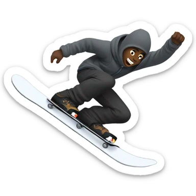 A man with black trousers and a grey ninja hoodie falling down a mountain on a snowboard sticker