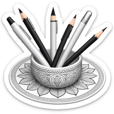 Artistic graphics, detailed linework, monochrome or soft colors, traditional tools like pencils, ink pens, erasers, intricate patterns, minimalistic style, clean lines, no extra details, on a white background. sticker