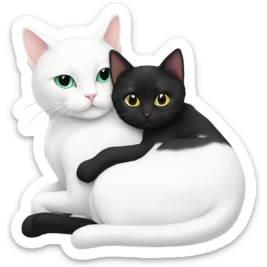 white cat cuddling with a blackish cat sticker
