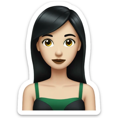 pale woman, straight black hair, wearing dark night dress, eyes are green sticker