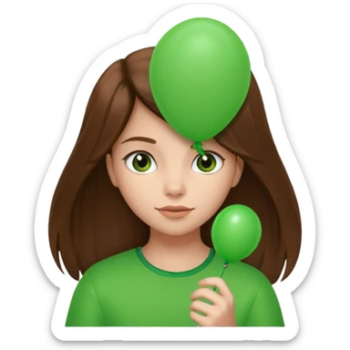 girl with long brown hair, holding green balloon sticker