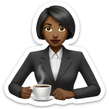 Cute black woman with a bob haircut in a power suit, sipping coffee with the word January behind her sticker