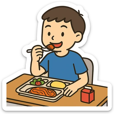 a student eating lunch at school, simple and clear sticker