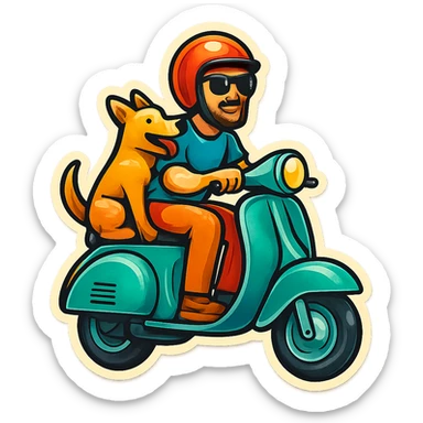 man and his pet dog riding a vespa sticker