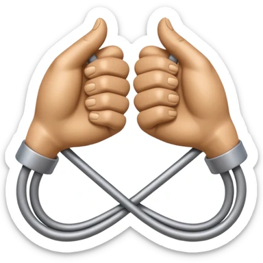 Apple-style 3D emoji of two cartoon hands tightly gripping and bending a solid metal rod, showing visible strain and tension lines around the bend, with dynamic motion curves to emphasize the effort, realistic lighting and smooth Apple emoji texture, no background. sticker