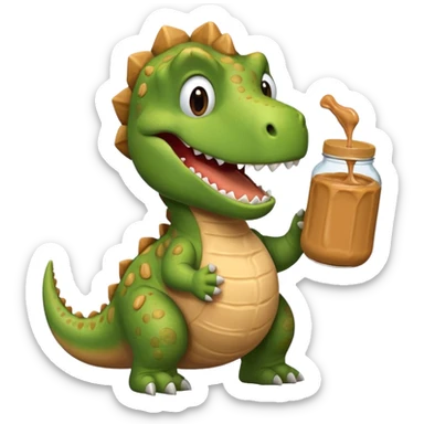 a dinosaur holding a jar of peanut butter, emoji style sticker
