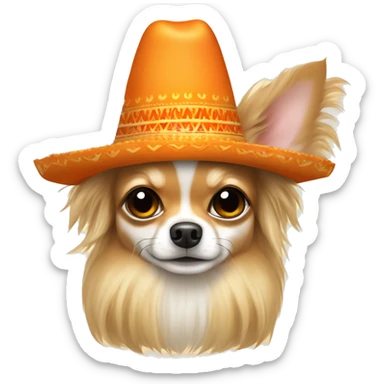 Long hair chihuahua dog, fur color beige with orange lights. He eat a parmigiano bite in sombrero  sticker