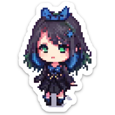 K-pop inspired gothic girl, pixel art style, chibi proportions, gothic outfit, K-pop dance move sticker