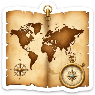 Brown golden map with Travel compass pointing to adventure sticker
