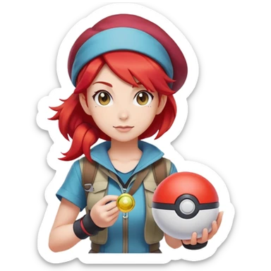 female pokemon trainer with bright red hair, pokeball, adventure outfit sticker
