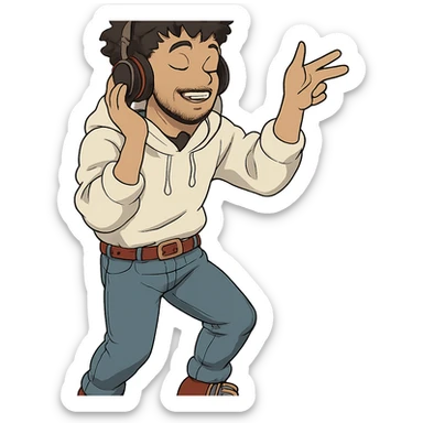1 male, mid fade haircut dark chestnut brown curly hair, toasted lightskin, white hoodie sleeves up, fashion jeans, red fashion-sneakers shoes, red belt, short trimmed beard and goatee,  style of deku from "my hero academia", headphones on jammin', twtich emote sticker