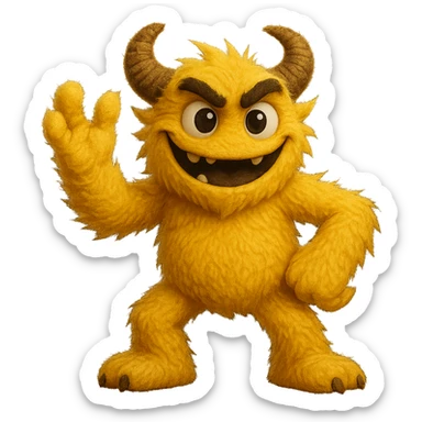 Make this yellow athletic mascot look more grown up and cooler, less like a person and more like a monster, keep the soft fuzzy texture and big eyes, in a playful pose, with no background. Maintain the yellow color and soft fuzzy texture with big eyes, emphasizing a monster-like playful character. sticker