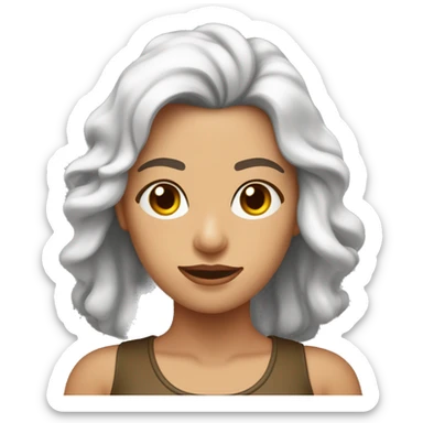 Mujer de piel blanca con pelo a la altura de los hombros , su pelo color marrón oscuro con puntas rubias. De ojos marrones y con remera sticker