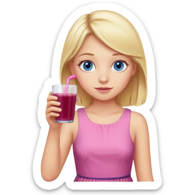 blonde girl with blue eyes in a pink dress drinking elderberry juice sticker