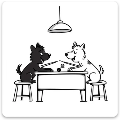 coloring page in Bobbie Goods style: two dogs playing pool in a bar, thick black lines, no color fill, ready to color sticker