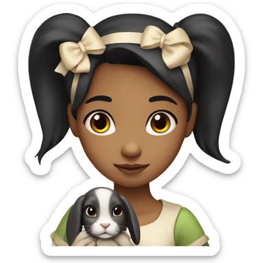 A girl with black hair and fair skin, with a bow on her hair, holds a hare in her hands sticker
