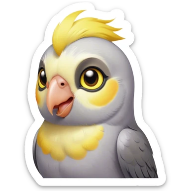 Cinematic Cute Cockatiel Portrait Emoji, Head tilted playfully and inquisitively, featuring a smooth grey fur with bright yellow accents and a perky crest, round, sparkling dark eyes filled with curiosity, Simplified yet irresistibly adorable features, highly detailed, glowing with a warm, friendly glow, high shine, affectionate and lively, stylized with a touch of whimsy, bright and endearing, soft glowing outline, capturing the essence of a mischievous yet loving cockatiel, so playful it feels like it could chirp out of the screen and into your arms! sticker