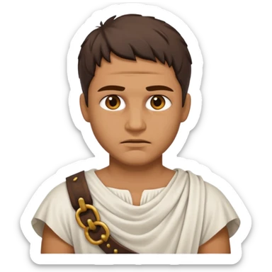 Emoji portrait of a Roman slave. Plain tunic, scar on the face, downtrodden expression. sticker