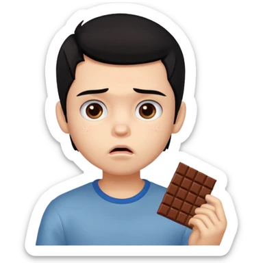 a PRETTY BRATZ boy with black hair eating chocolate and looking sad sticker