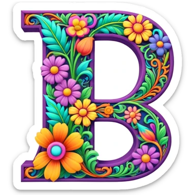 3D, gothic style psychedelic colored capital Letter R with hippie style flower border sticker