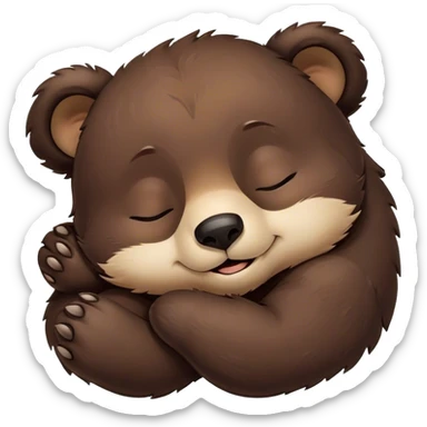 Meme-Worthy Cute Sleeping bear cub Portrait Emoji, Head resting peacefully with a contented smile, showcasing a massive, robust build and a luxuriously soft dark brown fur, eyes shut in a serene, restful nap, Simplified yet hilariously adorable features, highly detailed, glowing with a soft, drowsy light, high shine, relaxed and utterly lovable, stylized with an air of playful laziness, bright and heartwarming, soft glowing outline, capturing the essence of a comically sleepy bear cub, so meme-worthy it feels like it could instantly become the next viral sensation of adorable slumber! sticker