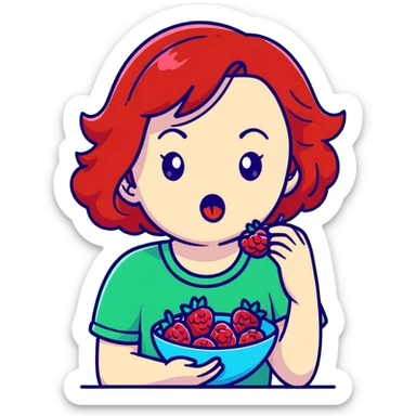 redhead girl with a displeased face eating raspberries sticker