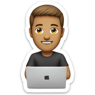 developer, 5:5 parting brown hair, eye smile, small head, labtop, hackarthon t-shirt sticker