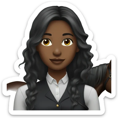 Pretty black equestrian woman long hair holding black stallion reins hazel eyes sticker