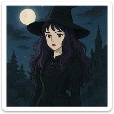 gothic woman with purple hair, witchy touch, standing in moonlight, ghibli style sticker
