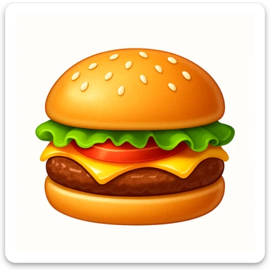 A classic single patty hamburger emoji,, glossy and colorful. Soft rounded bun with sesame seeds, one beef patty, fresh lettuce, ONE tomato slice, melted cheese, realistic but cartoonish look, clean white background sticker