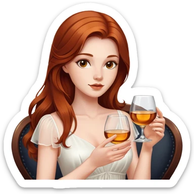 Beautiful woman in 1950’s woman fashion look, white dress, long auburn hair, whisky sticker
