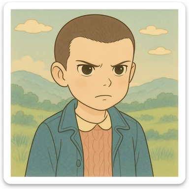 Create a version of Eleven with shaved hair, serious expression, simple and delicate line art as in the reference drawing, colored in pastel tones, with medium and dark outlines. Style: Ghibli. Format 1:1. sticker