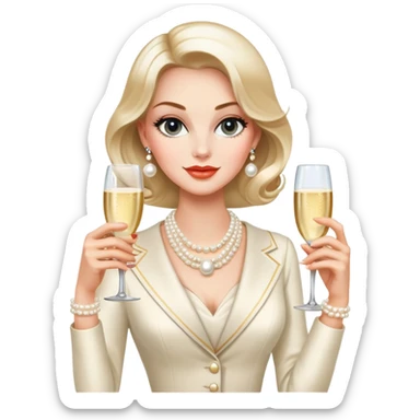 Elegant Western socialite with designer clothes, pearl necklace, champagne glass, luxury lifestyle sticker