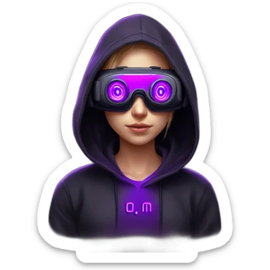 Russian student in the black hoody with violet letters "OMG" on it, wearing vr headset. Cyberpunk style. Violet neon. sticker