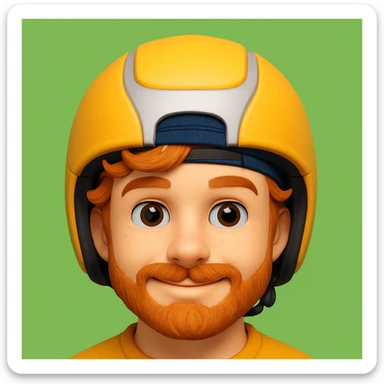 A boy with a backward cap, curly orange hair, and a goatee, wearing a helmet, in the style of a 3D emoji sticker