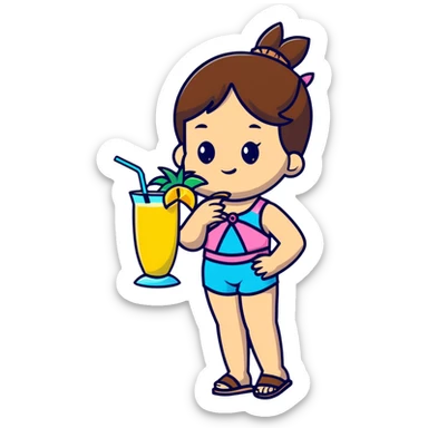 Very tan skinned girl with brown hair wearing a summer outfit sipping a piña colada sticker