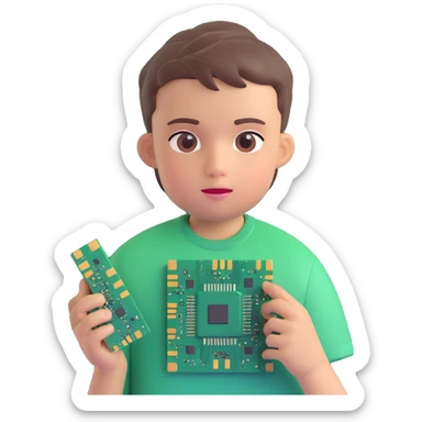 young boy with short hair, friendly neutral expression, holding two computer chips, wearing shirt with circuit board pattern, one half of face partially metallic with neural network lines symbolizing AI, apple-like 3D emoji style, soft gradients, clean shapes, vibrant realistic coloring sticker