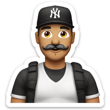 Homme blanc, 30 ans, cheveux courts noir, moustache, casquette noir yankees noir, avec une bière, t-shirt rose sticker