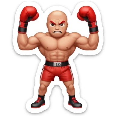 Gota de agua de color rojo con cara de enfado y unos guantes de boxeo, que tenga brazos y piernas musculados sticker