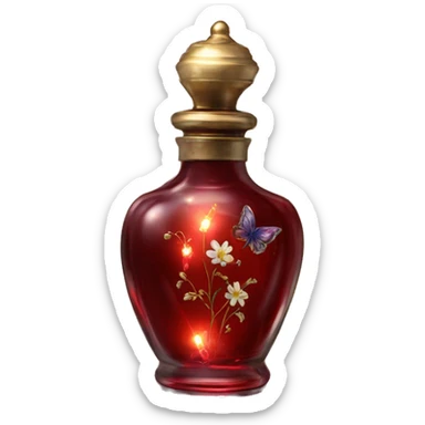 Dark red magic fairy light sparkling old Antique oil perfume bottle with herbal and flowers sticker