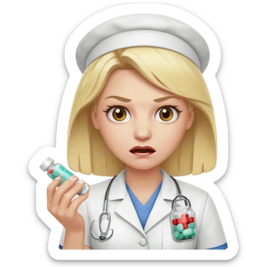 angry blonde nurse with a pills sticker