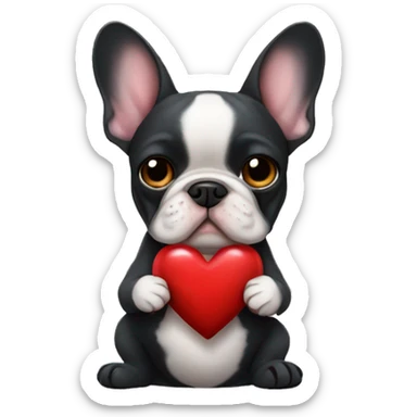 French bulldog dark holding a heart sticker